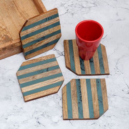 Blue and Brown Premium Wooden Coasters - Pack of 4